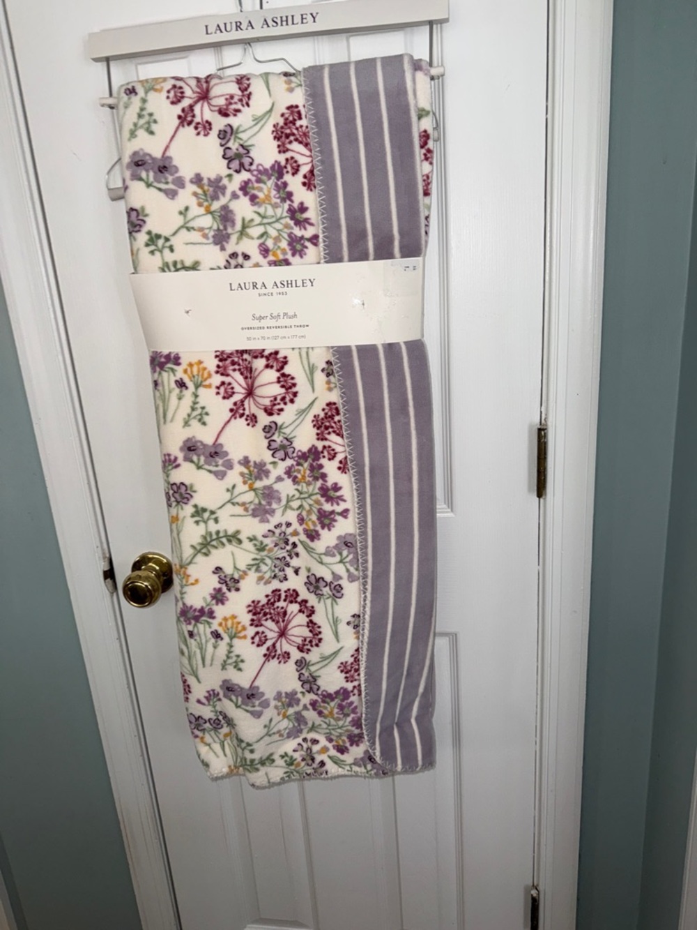 Laura Ashley Cream Throw with Lavender Floral and Stripes